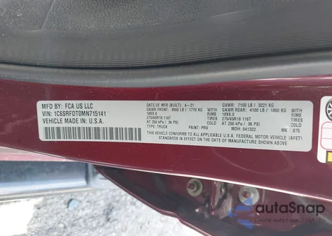 2021 Ram 1500 Laramie z USA, uszkodzony, nr VIN 1C6SRFDT0MN715141